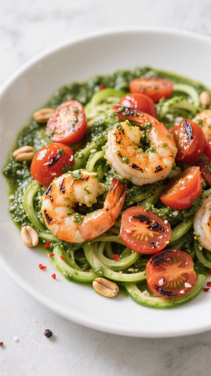 45-degree shot of pesto shrimp and burst cherry tomatoes piled over bright green zoodles. Plump shrimp with a glossy pesto coating, charred spots from the air fryer; halved tomatoes blistered and juicy. Seasoning of kosher salt, black pepper, and a hint of red pepper flakes visible. Served in a shallow white bowl with a swirl of extra pesto and a few pine nuts scattered.