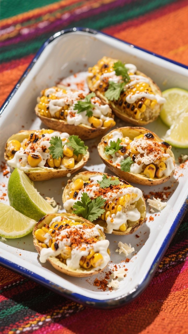 45-degree street corn elote skins on a enamel tray: potato shells packed with charred corn kernels, coated in a creamy mix of mayonnaise, sour cream, and lime juice; dusted generously with Tajín, crumbles of cotija (visual cue), and lime wedges alongside; brushed with avocado oil, lightly salted; vibrant Mexican street-food mood with bold colors and a sprinkle of cilantro.