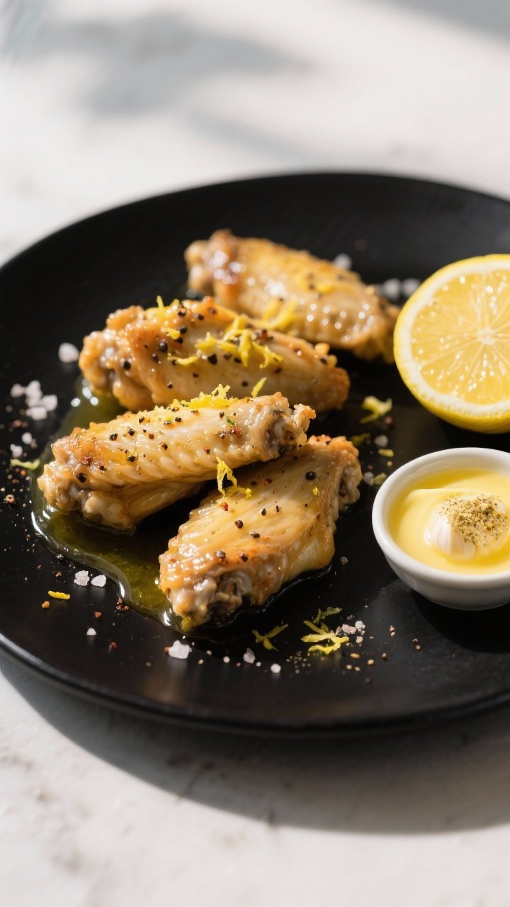 45-degree tight shot of Lemon Pepper Butter wings on a matte-black plate: speckled lemon pepper seasoning, micro-grated fresh lemon zest shining on the surface, tiny crystals of kosher salt, and a light drizzle of fresh lemon juice pooling under the wings; a small dish of melted butter infused with garlic powder beside a halved lemon; bright, zesty mood with natural daylight