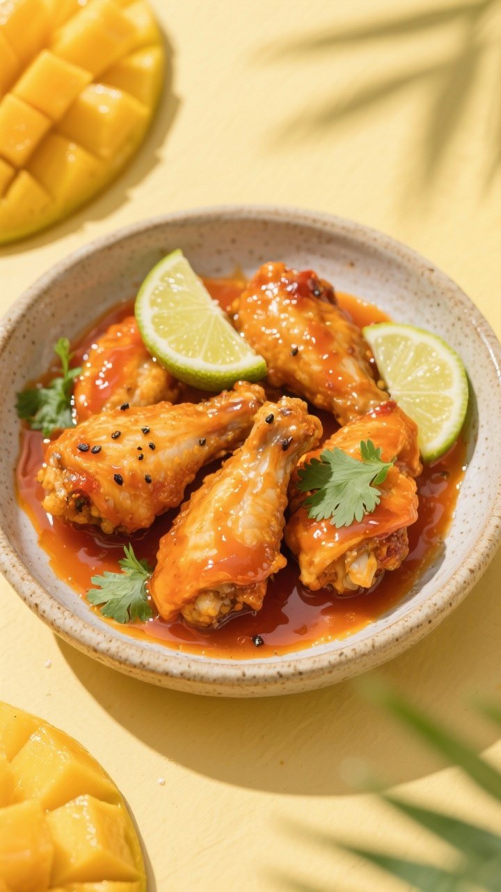 45-degree tropical glaze scene: Sticky mango habanero boneless wings with chicken breast pieces lightly seasoned with salt, black pepper, onion powder, and cornstarch, then air-fried and coated in a thick, vibrant orange mango-habanero sauce made from ripe diced mango. Garnish with thin lime wedges and a few cilantro leaves. Serve in a shallow stoneware bowl with a glossy sauce pool. Bright, sunny lighting and saturated colors to evoke island vibes.