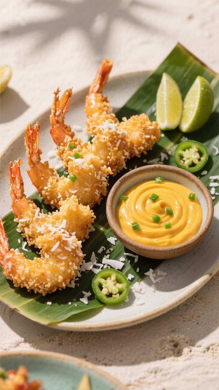 45-degree tropical platter of coconut shrimp: panko and unsweetened shredded coconut crust, golden and feathery, tails on. A bright mango jalapeño dip swirled in a bowl with tiny green jalapeño flecks; lime wedges and a light coconut sprinkle decorate a banana-leaf-lined plate. Crisp texture emphasized with directional light, medium-spicy, beachy vibe.