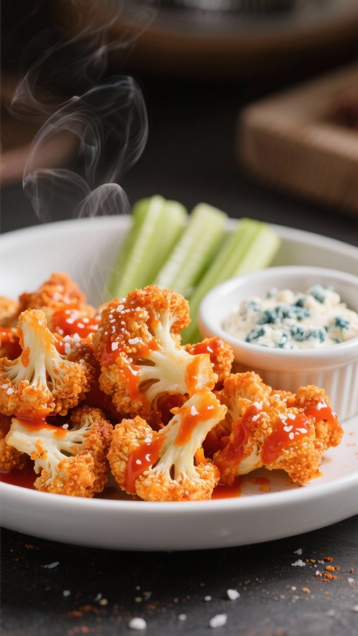 5-inch cauliflower florets with a cornstarch, garlic powder, onion powder, and kosher salt coating, lightly misted with olive oil spray, glowing orange-red from Buffalo sauce, piled in a white shallow bowl. Include a side ramekin of blue cheese dip and celery sticks in the background blur. Emphasize crisp, craggy coating and steam wisps, shallow depth of field.