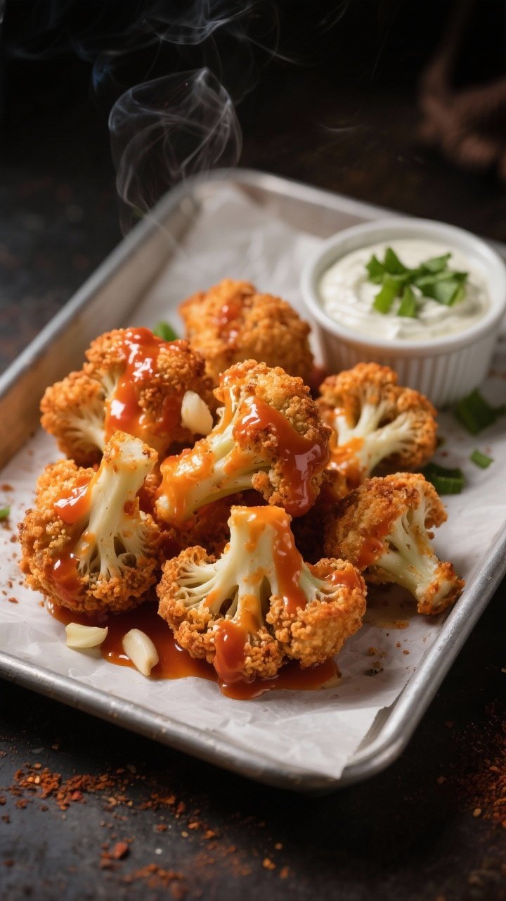 5-inch cauliflower florets with craggy batter seasoned with garlic powder, onion powder, smoked paprika, and kosher salt, tossed in glossy buffalo sauce with visible sheen; served on a parchment-lined tray with a ramekin of creamy ranch, sprinkled with chopped celery leaves; moody lighting emphasizing crunchy texture and steam.