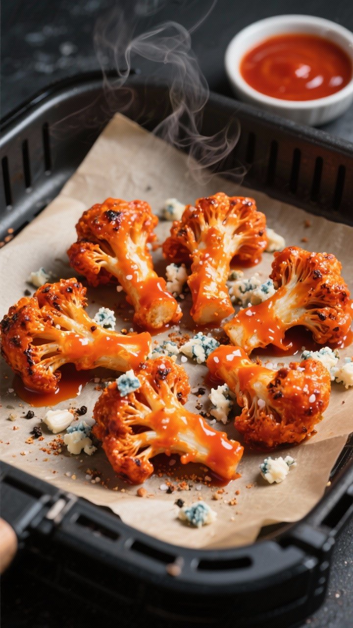 5-inch florets with blistered, craggly edges lacquered in bright buffalo sauce, speckled with garlic powder, onion powder, kosher salt, and black pepper. Blue cheese crumbles scattered over and around, with a small bowl of extra buffalo sauce in the background. Set on a parchment-lined air fryer basket tray, steam faintly rising, saturated orange-red glaze against a dark matte surface.