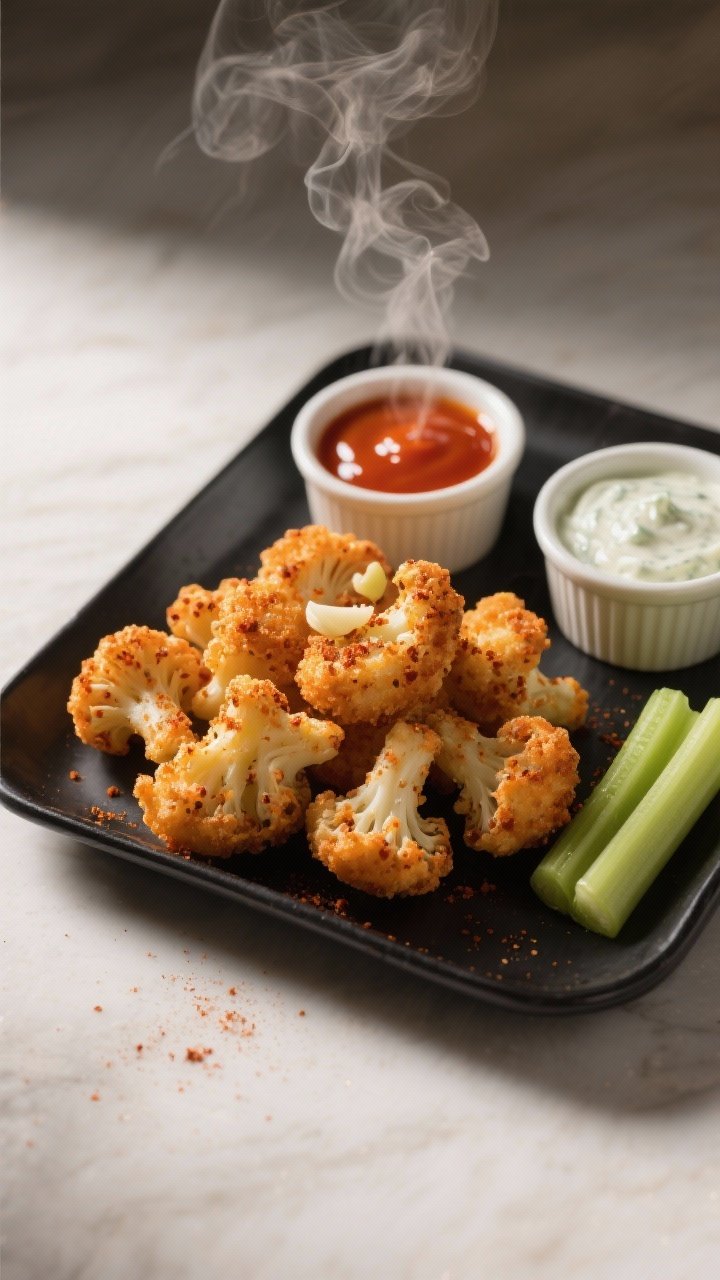 5-inch florets, with visible flecks of garlic powder and smoked paprika in the coating; a ramekin of glossy buffalo sauce and another of cool ranch on a matte black tray, celery sticks on the side, steam rising, dramatic side light to emphasize crunch.