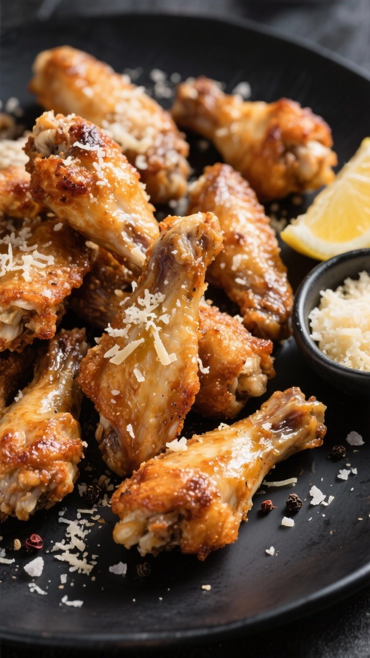 A 45-degree angle close-up of garlic-parmesan wingettes and drumettes piled on a matte black platter, skin blistered and insanely crunchy from baking powder, glistening with garlic butter and showered in finely grated parmesan; visible kosher salt flakes, cracked black pepper, and a sprinkle of garlic powder on the wings, with a small bowl of extra parmesan and a lemon wedge off to the side.