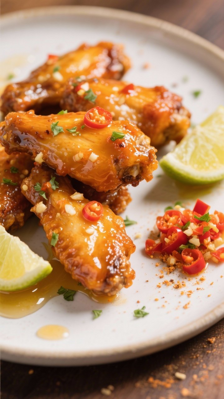 A 45-degree angle close-up of habanero honey lime wings, glistening with a golden-orange honey-lime glaze studded with fine habanero bits; coriander and garlic powder specks visible; lime wheels and a drizzle of extra honey on the plate; a tiny side dish of minced habanero emphasizing the heat; warm, inviting lighting that highlights sticky sheen and crisp edges.