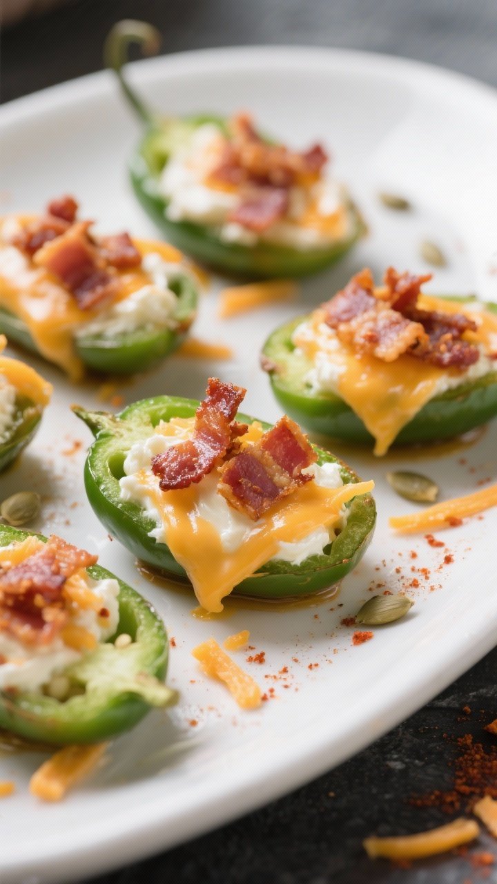 A 45-degree angle close-up of jalapeño popper bites: halved, seeded jalapeños stuffed with a creamy blend of softened cream cheese and shredded sharp cheddar, seasoned with garlic powder, onion powder, smoked paprika, and a pinch of salt, topped with crumbled crispy bacon; arranged on a white ceramic platter with a few seeds and cheddar shreds scattered, vibrant green and orange-red tones, sharp focus on melty cheese and bacon crunch
