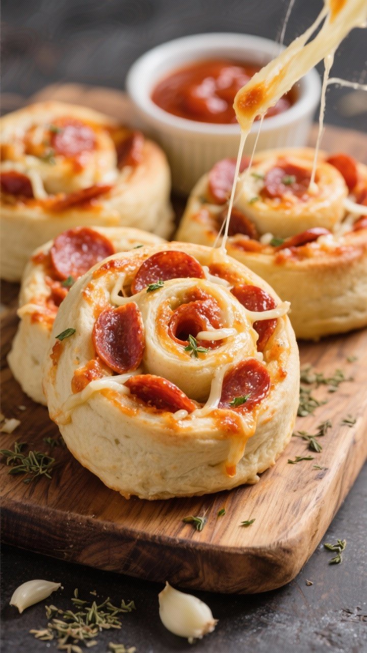 A 45-degree angle close-up of pepperoni pizza pinwheels fresh from the air fryer: spirals showing layers of pizza dough, pizza sauce, melty shredded mozzarella, and mini pepperoni, finished with a glossy herby garlic butter (garlic and dried oregano visible); served on a rustic wooden board with a ramekin of extra pizza sauce for dipping, stringy cheese pull in focus
