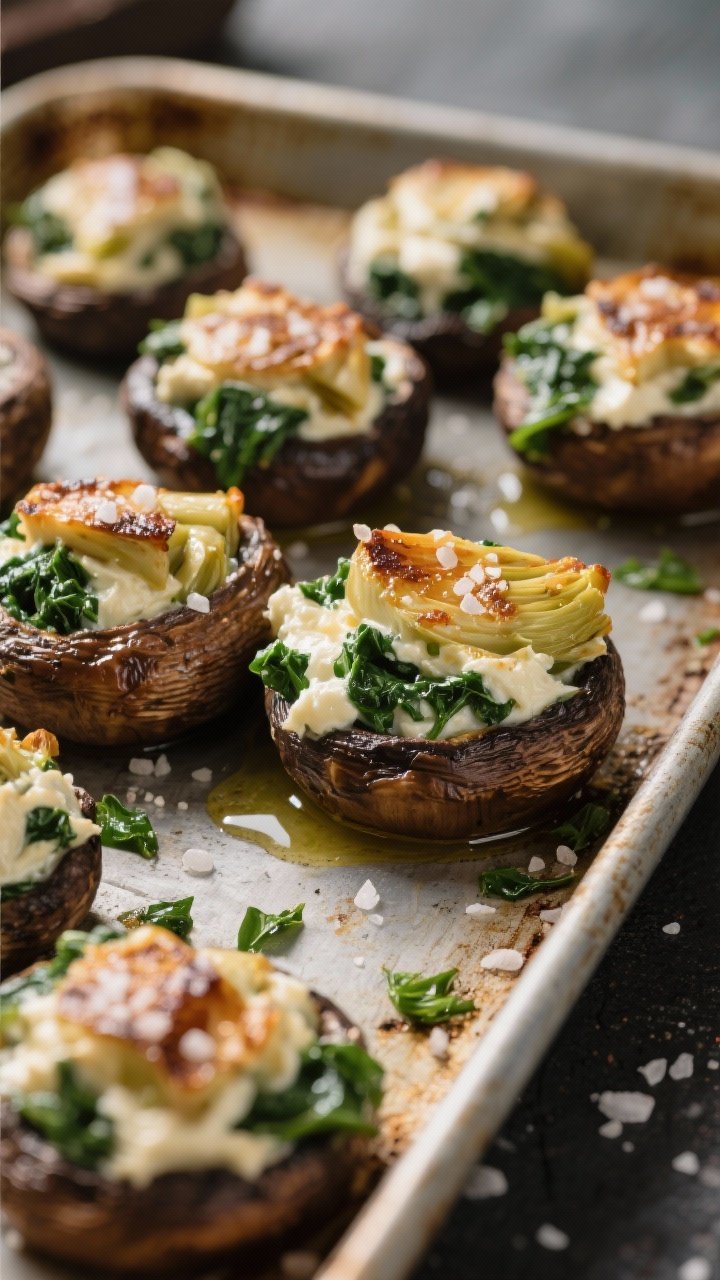 A 45-degree angle photo of spinach-artichoke stuffed mushrooms, caps roasted until glossy with olive oil and sprinkled with kosher salt; creamy filling of softened cream cheese, chopped spinach, and artichoke nestled inside, tops lightly browned; arranged on a rustic baking sheet with stray spinach bits and salt crystals for realism.