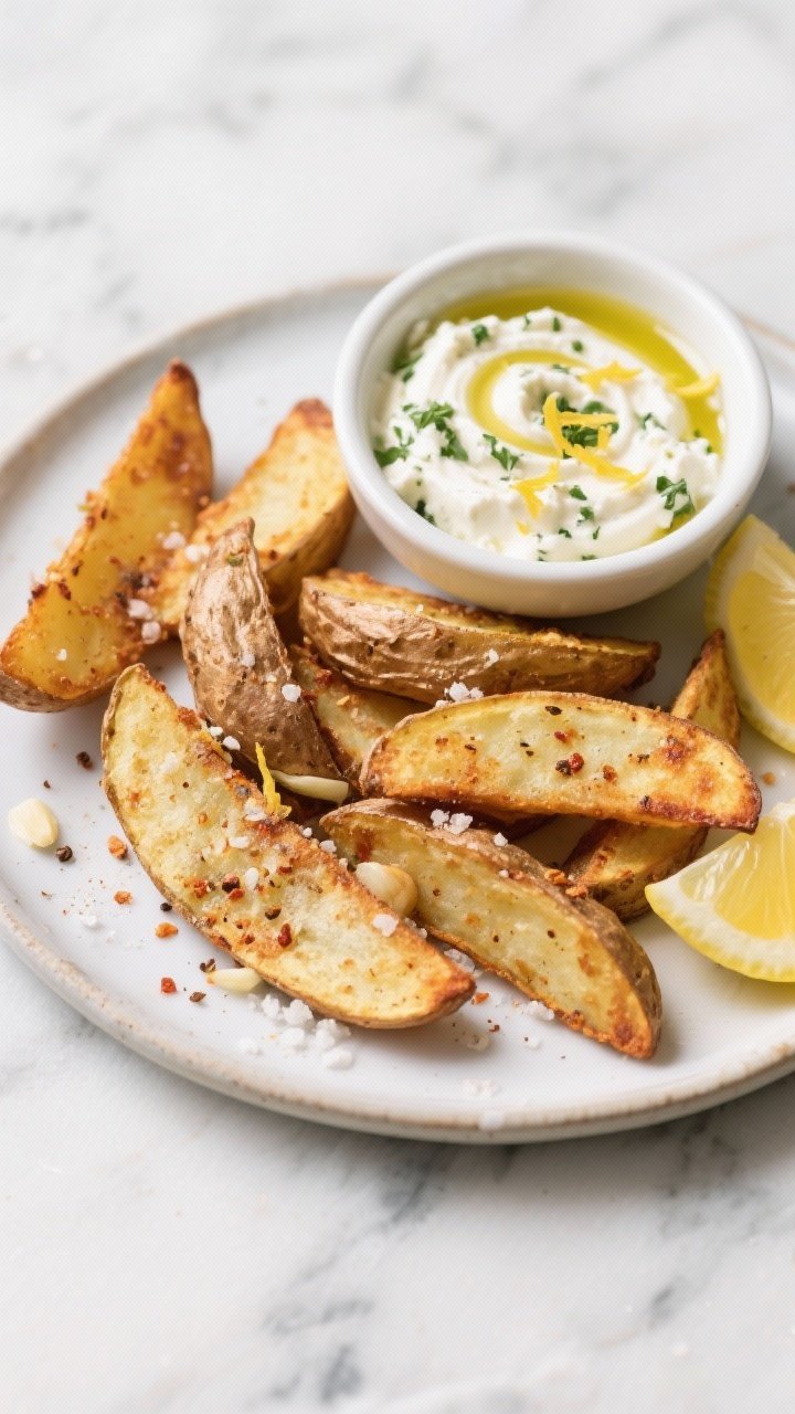 A 45-degree angle plated presentation of crispy lemon-pepper potato wedges, edges browned and ridged, dusted with lemon-pepper seasoning, garlic powder, kosher salt, and a hint of smoked paprika; served with a small bowl of herby feta dip swirled with olive oil, lemon zest sprinkled over the wedges, on a cool marble surface.