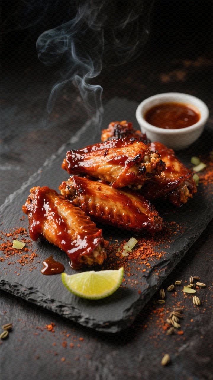 A 45-degree angle plated presentation of smoky chipotle agave wings on a dark slate platter, the wings lacquered with deep red-brown adobo sauce from canned chipotles and a drizzle of agave; visible smoked paprika rub and cumin-onion powder speckling on the skin; char-kissed edges hinting at campfire vibes; garnished with a lime wedge and a small bowl of thick adobo-agave sauce, moody warm lighting with wisps of steam.