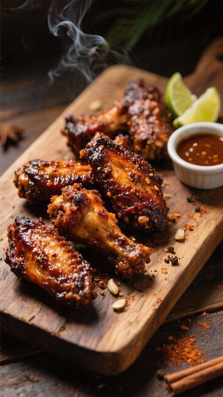 A 45-degree angle presentation of Jamaican Scotch Bonnet jerk wings on a rustic wooden board, the skin dark and caramelized with jerk spices—visible allspice, brown sugar gloss, hints of cinnamon and nutmeg, garlic and onion powder flecks; a small ramekin of jerk marinade and lime wedges on the side; island thunder mood with warm, smoky lighting.