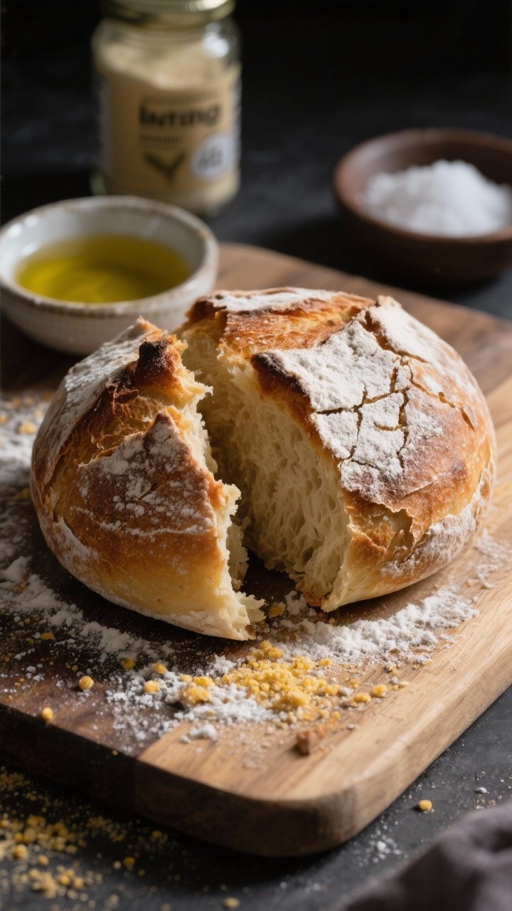 A 45-degree angle shot of a rustic, crusty mini boule bread baked in the air fryer: crackled, well-browned crust dusted with flour and a light scatter of cornmeal on the board; a torn section showing an airy, tender crumb; a small dish of olive oil for dipping, a jar of instant yeast and a pinch bowl of fine salt in the background, moody side light emphasizing texture.