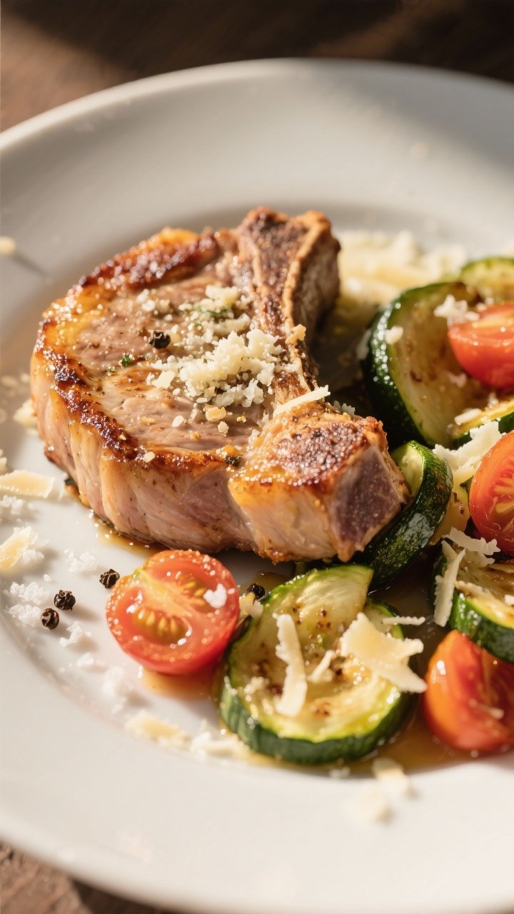 A 45-degree angle shot of garlicky Parmesan pork chops plated with a zucchini medley. Thick boneless pork chops dusted with garlic and grated Parmesan, seared-golden edges, set beside sautéed half-moon zucchini and burst cherry tomato halves. Flakes of sea salt, black pepper, and extra Parmesan shavings finish the dish. Warm, directional light highlights the savory crust.