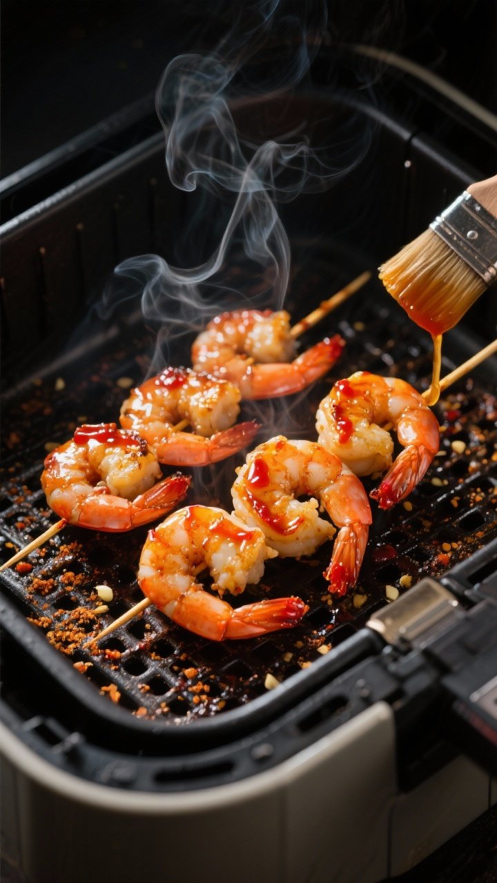 A 45-degree angle shot of honey-sriracha shrimp skewers sizzling in the air fryer basket, shrimp curled and lacquered with a sticky glaze of honey, sriracha, garlic powder, salt, and pepper; caramelized edges catching the light, a brush with extra glaze nearby, and wisps of steam rising against a dark background for dramatic contrast.