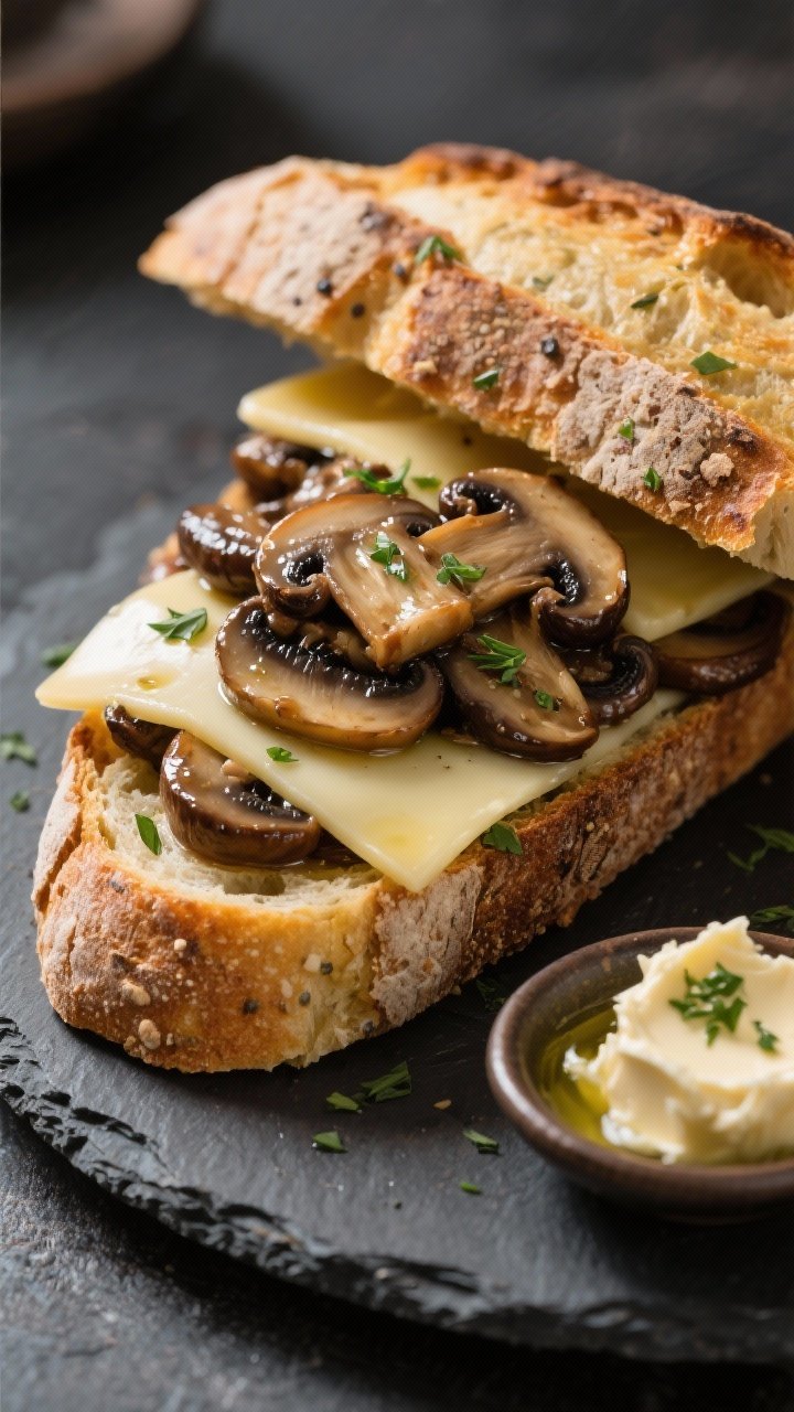 A 45-degree close-up of a mushroom Swiss melt with herbed garlic butter: rustic sourdough brushed with speckled herb-garlic butter, piled with glossy sautéed cremini mushrooms cooked with olive oil, soy sauce, and a whisper of balsamic; two slices of Swiss cheese melted silkily over the mushrooms, edges of the bread golden and crackly; set on a dark stone plate with a small dish of extra herbed butter, earthy, cozy mood.