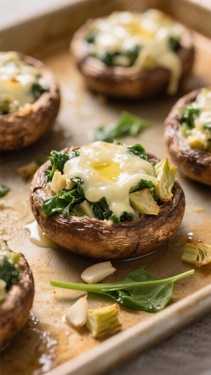 A 45-degree close-up of cheesy spinach-artichoke stuffed cremini mushrooms on a warm-toned baking sheet, caps filled with a lightened mixture of sautéed garlic, chopped baby spinach, and chopped artichoke hearts, melted cheese bubbling at the top. A light brush of olive oil makes the mushroom caps gleam. A few stray spinach ribbons and artichoke bits on the sheet for context; soft, diffused light, crisp focus on the gooey centers.