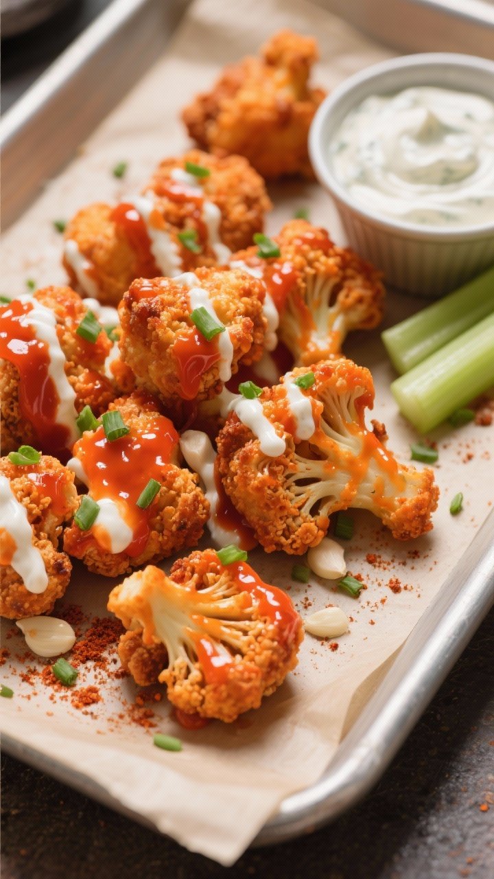 A 45-degree close-up of crispy Buffalo cauliflower bites just out of the air fryer, their lightly blistered, paprika-tinged batter glistening with a glossy Buffalo sauce, drizzled with cool ranch. Garnish with chopped chives and a sprinkle of garlic powder and smoked paprika. Serve on a parchment-lined tray with a ramekin of extra ranch and celery sticks. Warm, saturated lighting to emphasize orange-red sauce against creamy white drizzle; shallow depth of field to highlight the craggy texture of