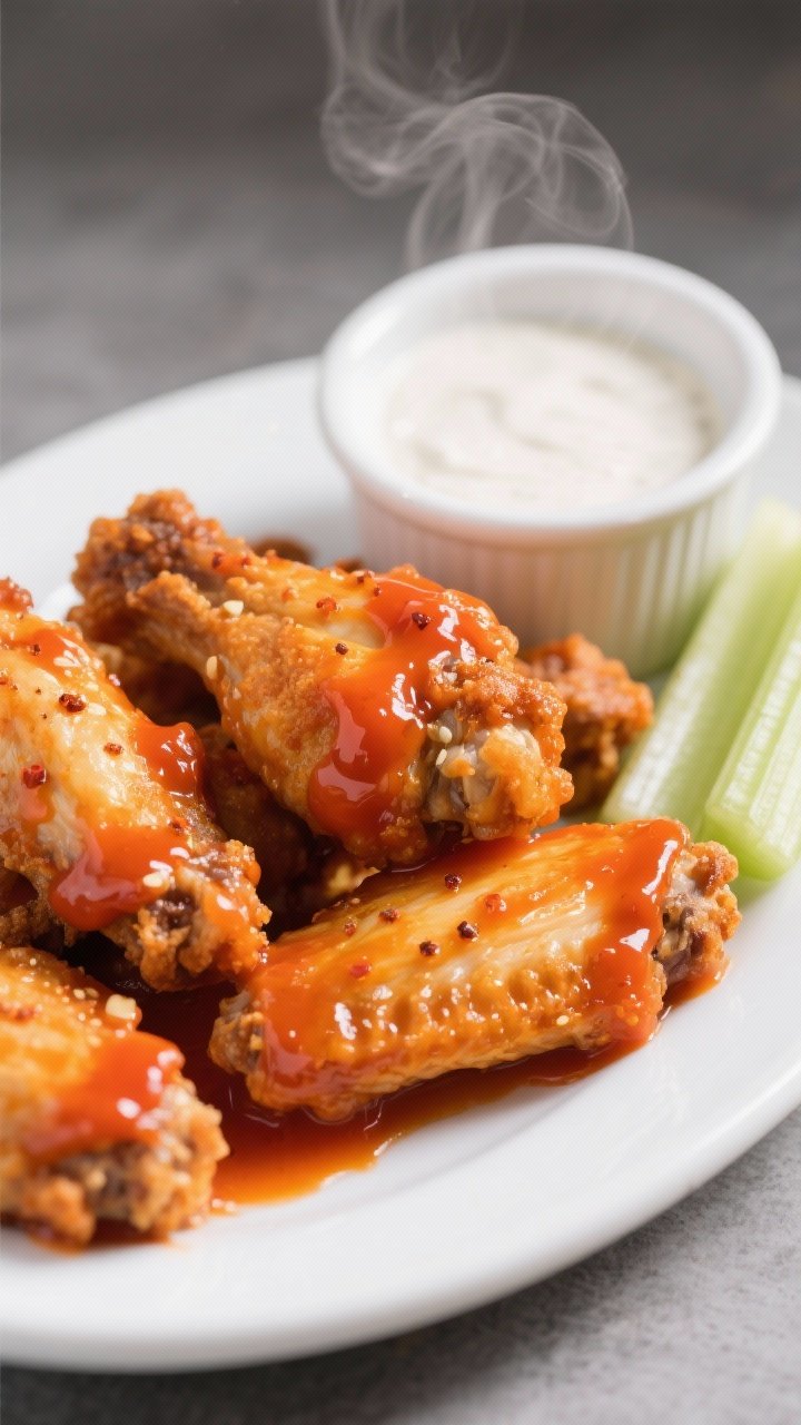 A 45-degree close-up of crispy chicken wings tossed in glossy Classic Buffalo sauce, vividly orange-red from Frank’s-style hot sauce, with melted butter sheen, tiny flecks of garlic powder and cayenne clinging to the skin, and a hint of Worcestershire depth; white ceramic platter with a side of celery sticks and a ramekin of white dipping sauce, light steam rising, set on a neutral slate surface to make the color pop