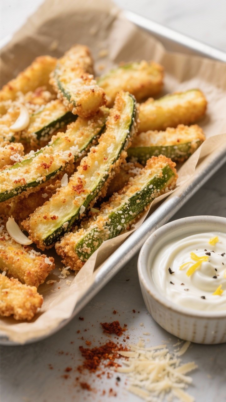 A 45-degree close-up of crispy Parmesan zucchini fries fresh from the air fryer, golden panko-Parmesan crust with visible flecks of garlic powder and smoked paprika, arranged in a parchment-lined enamel tray. A small bowl of zesty yogurt dip swirled with lemon zest and black pepper sits beside, with extra grated Parmesan and a dusting of paprika on the surface. Neutral ceramic, soft side light, shallow depth of field to highlight the crunchy texture; no people.