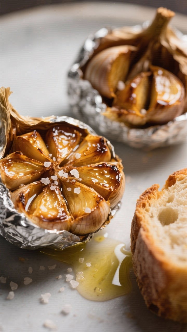 A 45-degree close-up of roasted garlic: two foil-wrapped bulbs opened to reveal caramelized, golden cloves glistening with olive oil, sprinkled with a pinch of salt; one clove squeezed out onto crusty bread corner for context; shallow depth of field, rich browns and golds, gentle side lighting enhancing the sticky-sweet sheen.