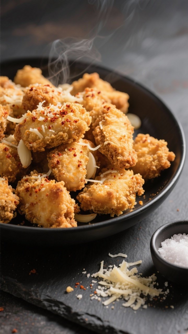 A 45-degree close-up of shatter-crisp chicken bites just out of the air fryer, piled in a shallow matte-black bowl. The golden panko-Parmesan armor is visibly jagged and crunchy, with flecks of garlic powder and smoked paprika. Include a small dish of coarse salt and a scattering of extra panko and grated Parmesan on the slate surface. Warm side light to emphasize texture; no garnish beyond a subtle dusting of paprika. Ultra-crisp detail, shallow depth of field, steam faintly rising.