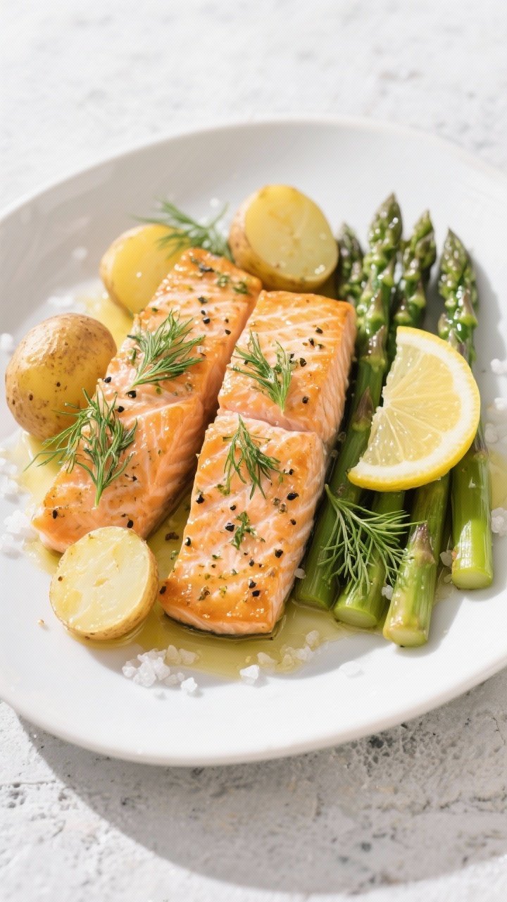 A 45-degree plated presentation of lemon-dill salmon with crispy baby potatoes and asparagus. Two salmon fillets with a glossy lemon-dill sheen and cracked black pepper rest alongside golden halved potatoes and vibrant asparagus spears, all lightly kissed by olive oil. Lemon slices and fresh dill fronds garnish the plate; sea-salt crystals visible on the potatoes. Shot on a light stone surface for a bright, fresh feel.