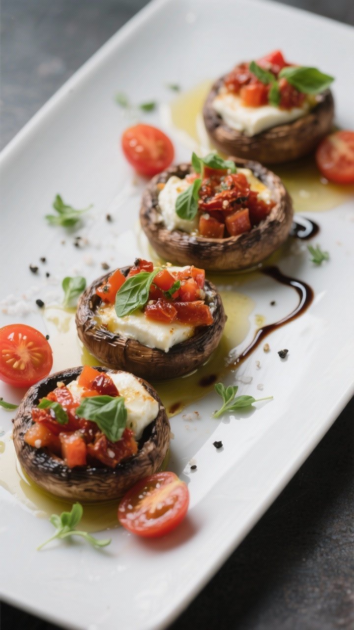 A 45-degree plated presentation of margherita-stuffed mushrooms: medium cremini caps filled with finely diced, well-dried cherry tomatoes and melted mozzarella, dotted with torn basil. The mushrooms are glossed with olive oil, seasoned with kosher salt and black pepper, then finished with delicate balsamic drizzle. Serve on a matte white platter with scattered micro basil and a few halved cherry tomatoes. Soft, moody light to showcase juicy tomato brightness and lacquered balsamic sheen.