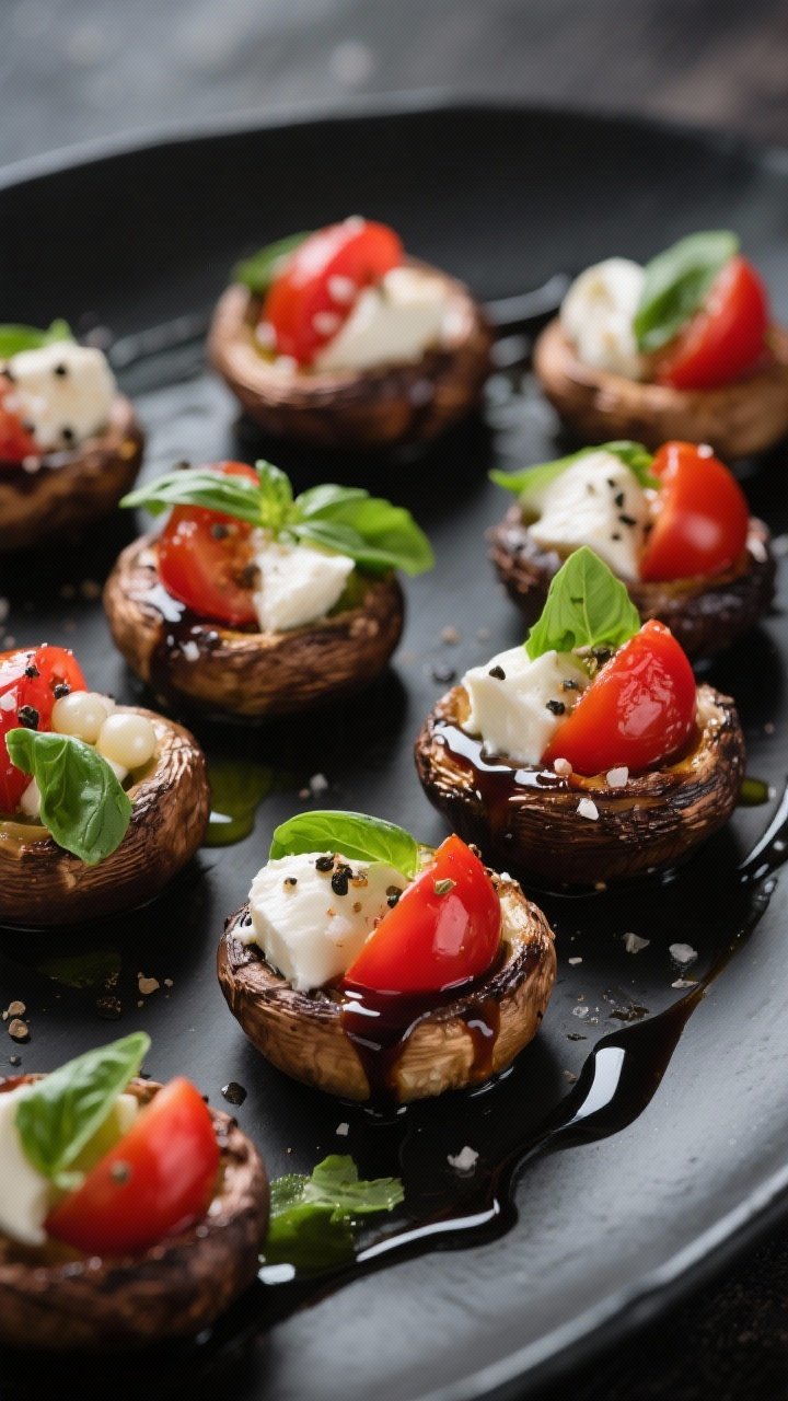 A 45-degree plated presentation of mini caprese-stuffed mushrooms: cremini caps brushed with olive oil, seasoned with kosher salt and black pepper, filled with fresh mozzarella pearls and halved cherry tomatoes, finished with a glossy balsamic drizzle and torn basil leaves; arranged on a matte black plate to pop the red-white-green colors, shallow depth of field highlighting melty mozzarella