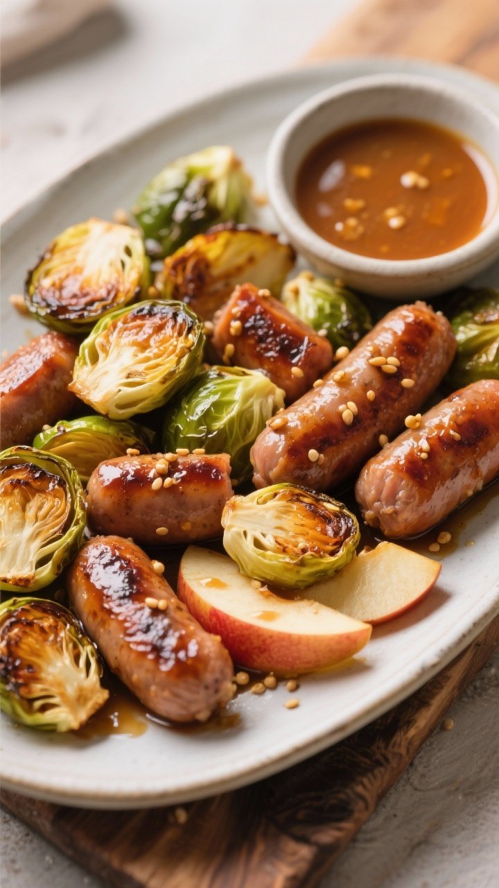 A 45-degree rustic platter of maple-mustard sausage with Brussels sprouts and apples. Halved Brussels sprouts roasted to deep caramelized edges, mingling with 1-inch sausage pieces and tender apple slices glossed in a maple-mustard glaze. Dijon seeds visible, light char on sprouts, and a warm amber tone overall. A small bowl of extra maple-mustard sauce sits alongside.
