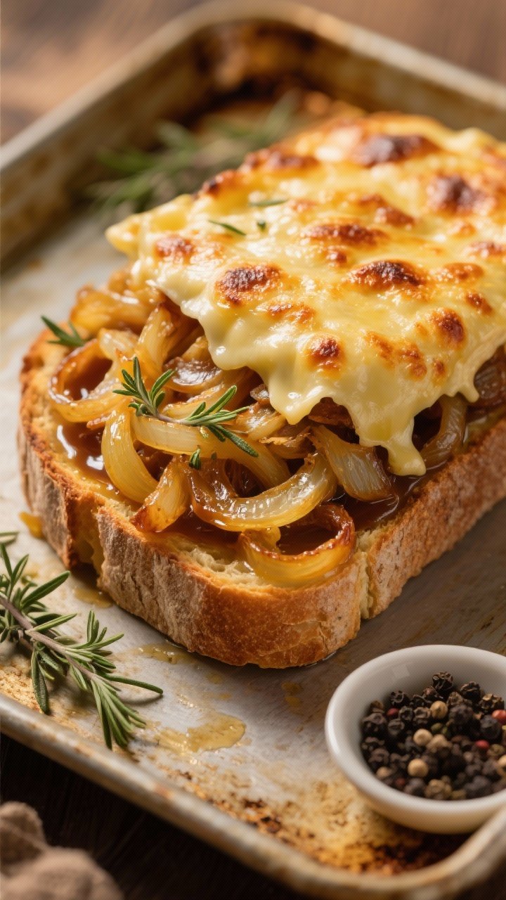 A 45-degree shot of a French onion soup melt without the bowl: country bread piled with a mound of deeply caramelized yellow onions cooked in butter and olive oil, flecked with fresh thyme, deglazed with a hint of sherry; blanketed in broiled, blistered cheese (Gruyère-style look) that drapes over the sides; set on a rustic baking sheet with thyme sprigs and a small dish of black pepper, warm golden lighting for cozy bistro vibes.