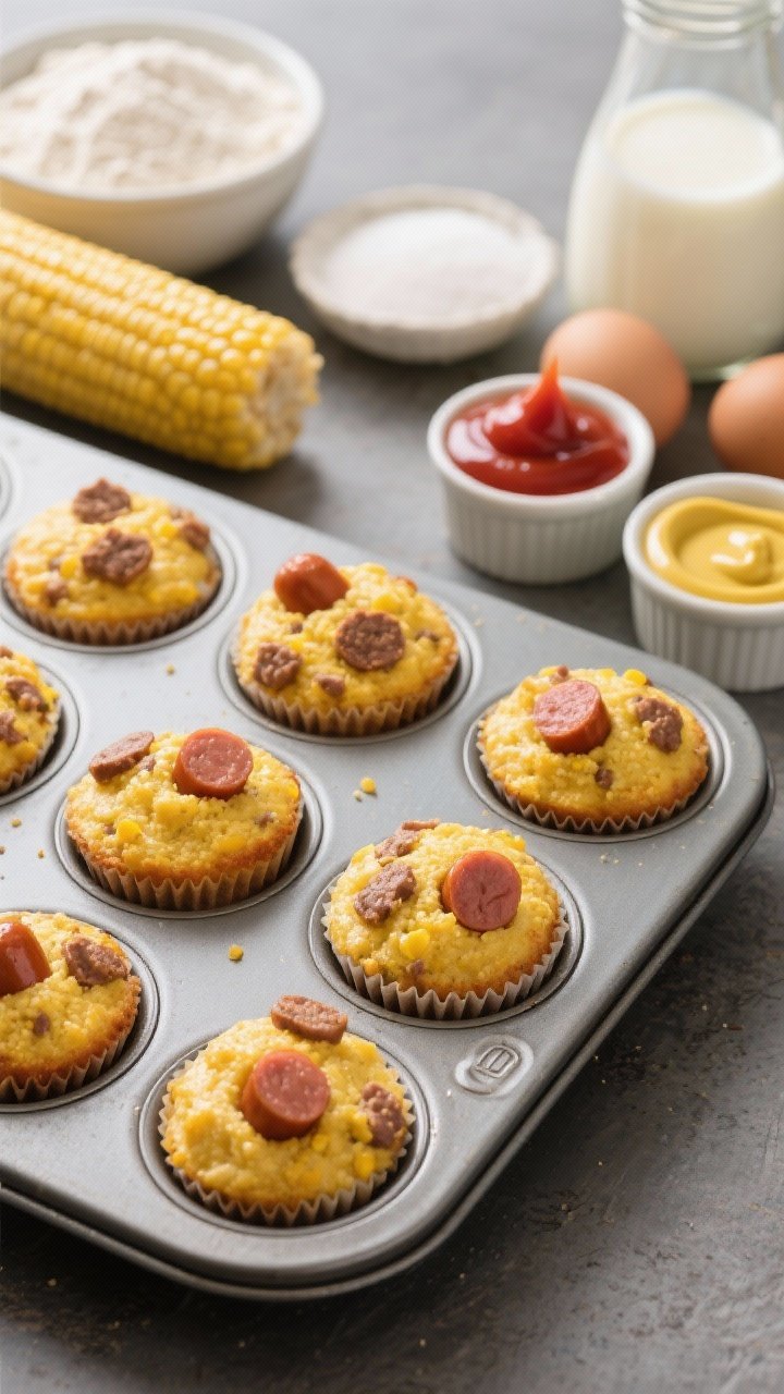 A 45-degree shot of mini corn dog muffins in a muffin tin, golden cornmeal batter studded with coin-sized pieces of beef or turkey hot dogs, lightly domed tops; ingredients staged behind: cornmeal, flour, sugar, baking powder, salt, milk, egg, and melted butter, with ketchup and mustard for dipping in squeeze ramekins.