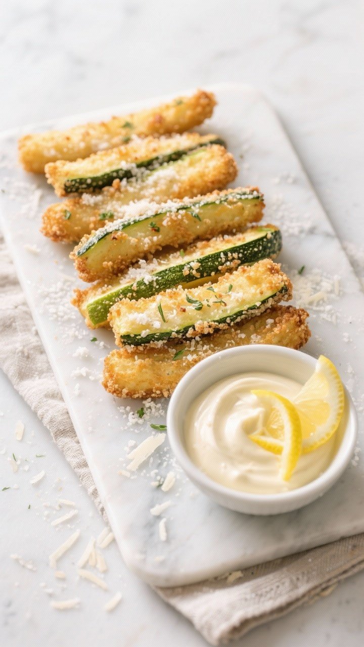 A bright overhead flat lay of crispy Parmesan zucchini fries arranged like logs beside a small bowl of zesty lemon aioli; each fry coated in flour, egg, and a panko-Parmesan mix seasoned with Italian seasoning, salt, and pepper; golden crumb with flecks of herbs, lemon zest curls on the aioli, served on a light marble surface with a linen napkin and grated Parmesan dusting