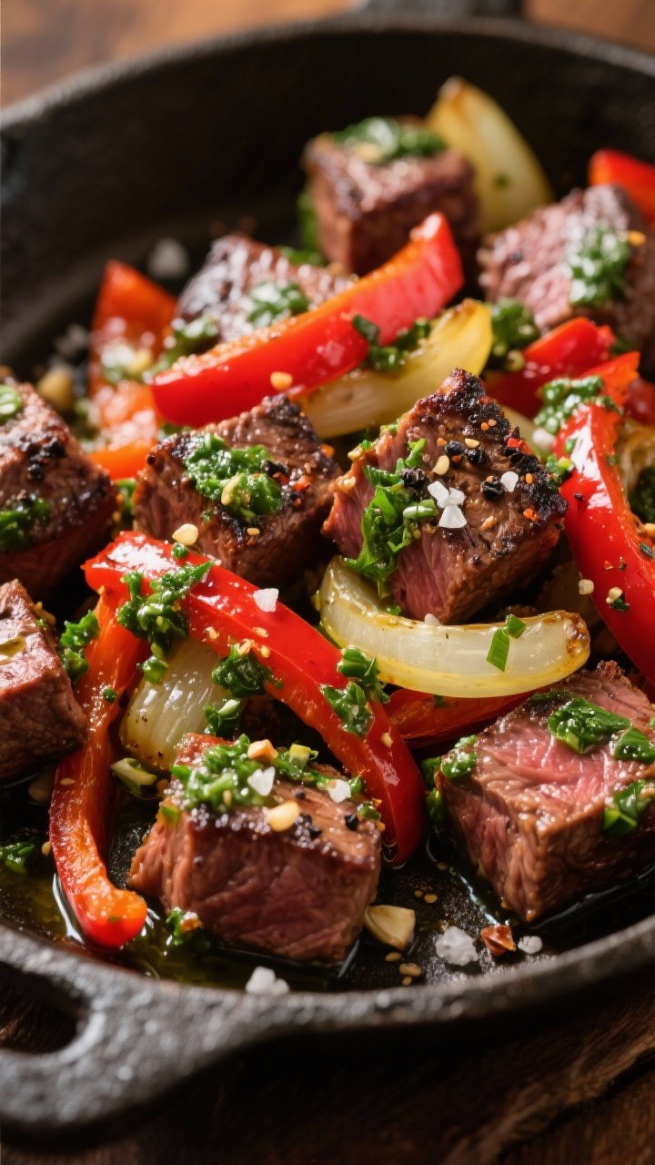 A close-up 45-degree shot of chimichurri steak bites with peppers and onions. Seared sirloin cubes with a peppery crust, tossed with red bell pepper strips and sweet yellow onion, all drizzled with vibrant green chimichurri. Coarse salt and cracked black pepper visible; garlic granules clinging to the steak. Served on a warm cast-iron surface for a bold, Argentinian-inspired feel.