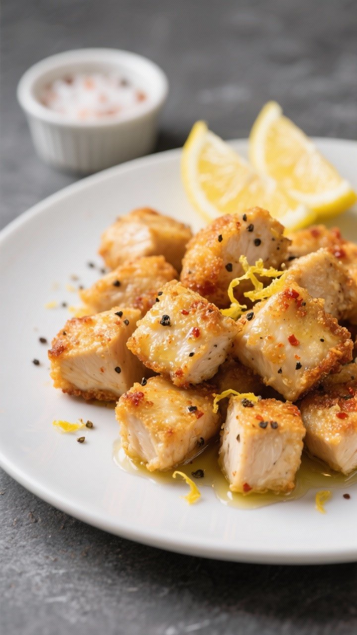 A close-up, 45-degree shot of crispy lemon pepper chicken bites fresh from the air fryer, golden edges with specks of black pepper and paprika, glistening from a light olive oil sheen. Garnish with lemon zest and wedges in the background, a small ramekin of garlic seasoning salt nearby. Serve on a matte white plate over a slate surface, shallow depth of field highlighting the juicy 1-inch chicken cubes and crackly texture.