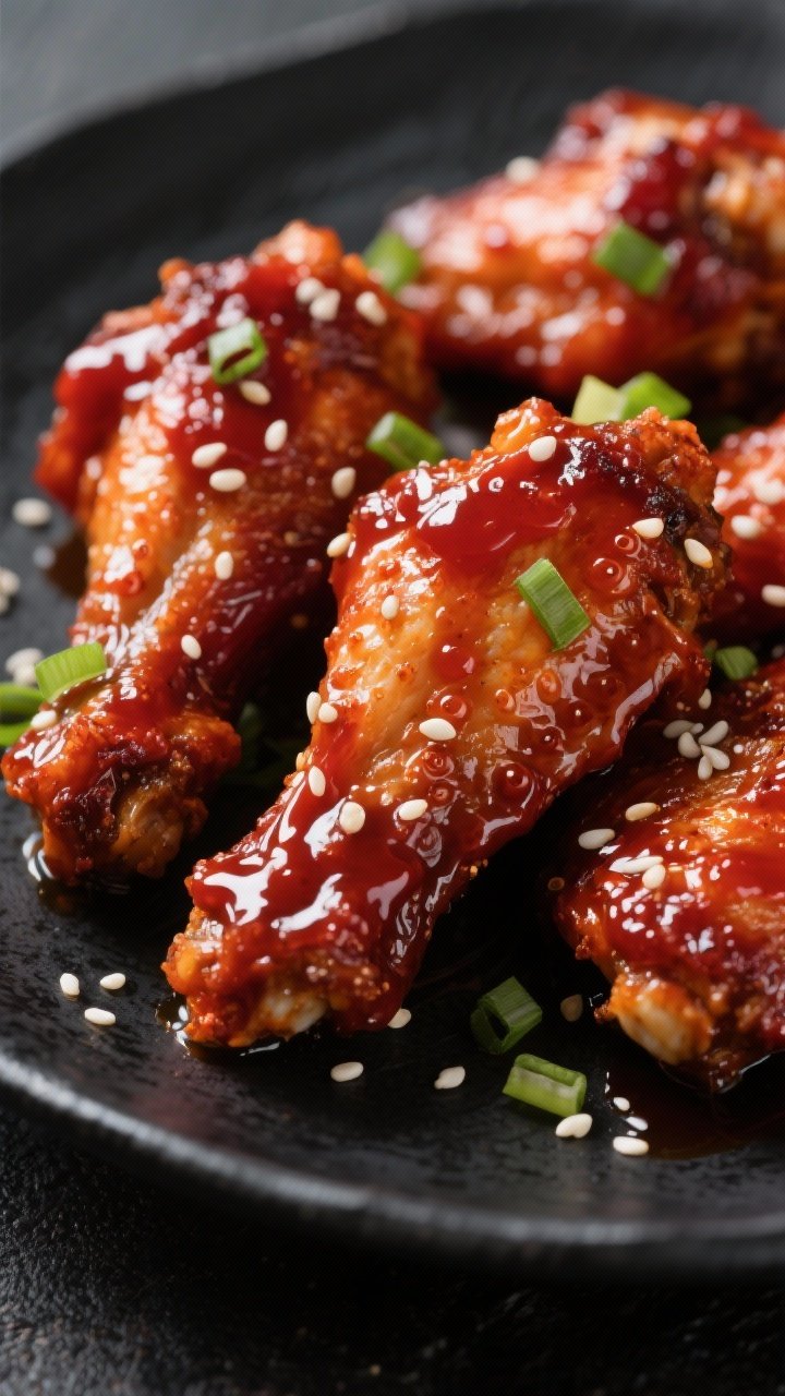 A close-up macro of gochujang garlic caramel wings, ultra-sticky and glossy, with a deep crimson sheen from gochujang, soy sauce, and rice vinegar; tiny bubbles of set caramelized sauce clinging to crinkled chicken skin dusted with white pepper; sesame seeds and finely sliced scallions scattered for contrast; shallow depth of field emphasizing lacquered texture, set on a black ceramic plate.