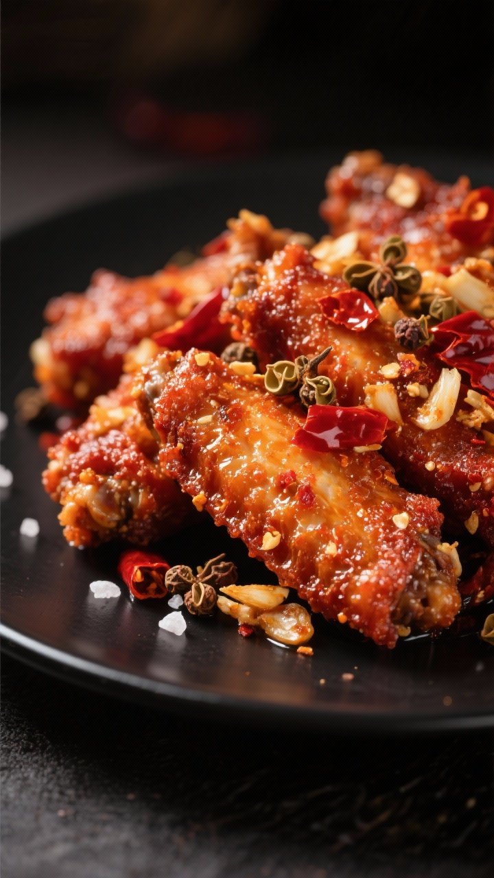 A close-up macro of Sichuan mala crunch wings, skin crackly from cornstarch and baking powder, shimmering with chili crisp—visible chili flakes, fried garlic, and crunchy bits—finished with toasted Sichuan peppercorns for a tingly touch; white pepper and salt seasoning shining through; served on a matte black plate to amplify red hues; dramatic side lighting for texture.