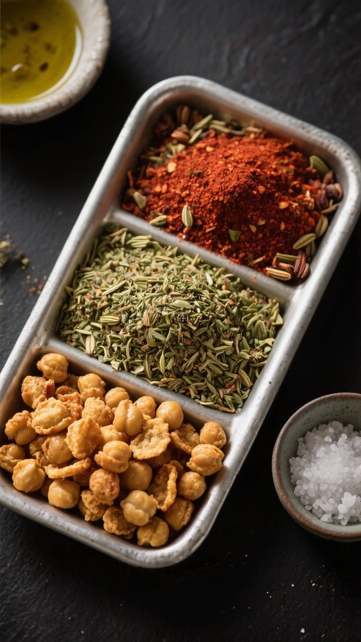 A close-up overhead of crispy chickpeas three ways: a divided enamel tray with three spice profiles—smoky (deep paprika-red with cumin), za’atar-speckled greenish flecks, and a classic salted golden batch; each portion ultra-crisp and craggy; a drizzle of olive oil on the side and a pinch bowl of kosher salt; matte dark backdrop for contrast.