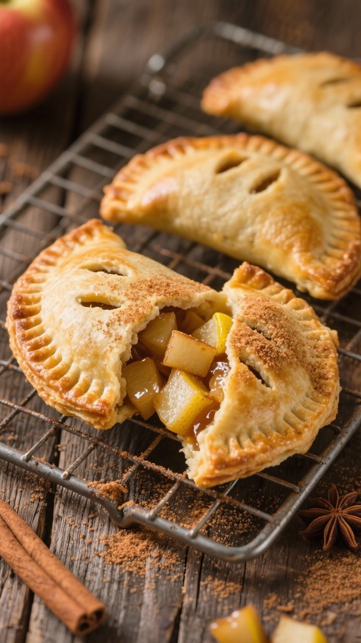 A cozy 45-degree plated scene of cinnamon-maple apple hand pies just out of the air fryer: golden, flaky pastries with a few vent slits, lightly dusted with cinnamon sugar. One pie cut open to reveal diced apple filling tossed with lemon juice, cornstarch, ground cinnamon, maple syrup, and a pinch of salt, juices slightly syrupy. Cooling rack on a rustic wooden surface, warm light to emphasize caramel tones and flake detail.