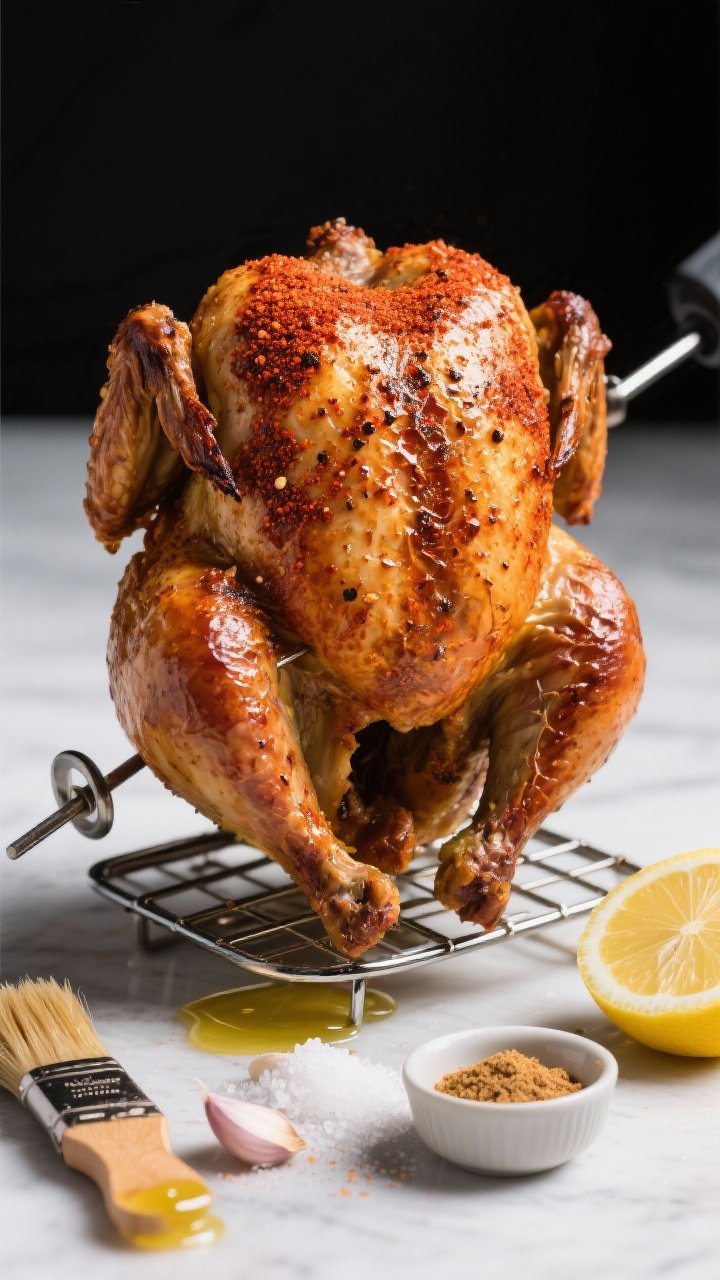 A dramatic straight-on shot of “rotisserie”-style whole chicken with crackly skin: deeply bronzed, taut skin with paprika tint and pepper flecks, perched on a small rack from the air fryer to showcase crispness; a brush coated with melted butter/olive oil, and small bowls of kosher salt, garlic powder, onion powder nearby; half a lemon off to the side; clean, high-contrast lighting emphasizing texture.