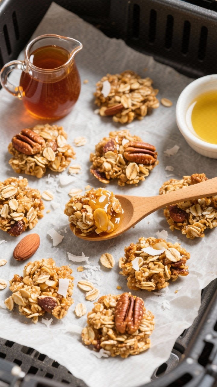 A dynamic overhead flat lay of 10-minute toasted granola clusters made in an air fryer basket: golden rolled oats clumped with chopped almonds and pecans, specks of shredded coconut, glossy from honey/maple syrup and coconut oil, with a wooden spoon lifting chunky clusters onto parchment; a small pitcher of maple syrup and a ramekin of coconut oil at the edge, warm tones, crisp textures, high contrast.