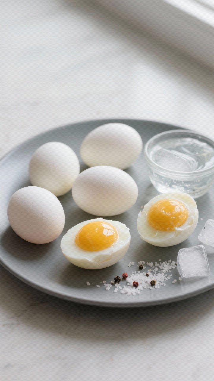 A minimalist overhead shot of air-fried “hard-boiled” eggs: six smooth, matte white eggs just out of the air fryer, some peeled to reveal perfectly set whites and golden jammy centers, arranged on a cool gray plate with a small bowl of ice water and scattered ice cubes nearby, sprinkled with a pinch of flaky salt and fresh cracked pepper; neutral backdrop, soft window light highlighting the glossy yolks, no people.