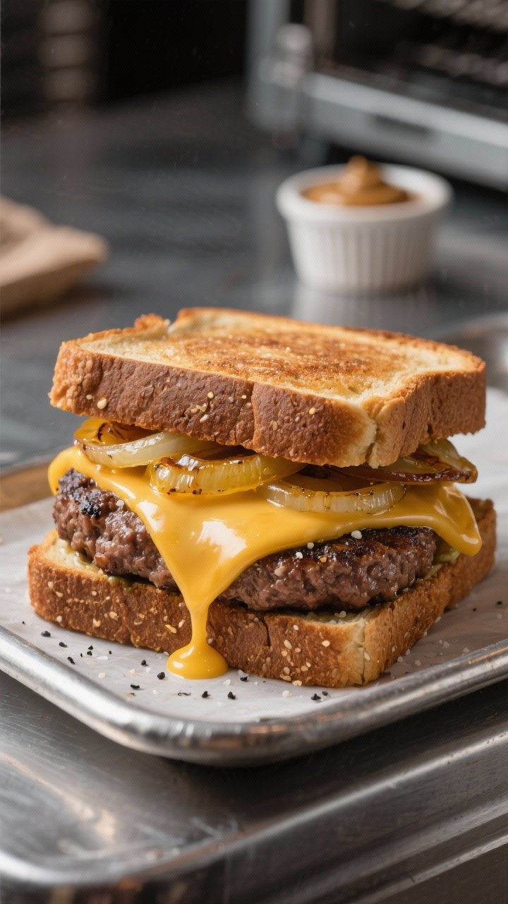 A moody 45-degree close-up of a diner-style patty melt fresh from the air fryer: seared 80/20 ground beef patty seasoned with kosher salt and black pepper, deeply caramelized yellow onions glistening with butter, two slices of Swiss cheese fully melted and oozing, all between crisp toasted rye bread brushed with butter; shot on a chrome diner countertop with a tiny ramekin of brown mustard in the background, focus on the molten cheese pull and toasted rye texture, shallow depth of field, no people.
