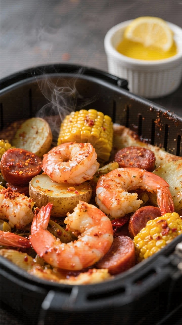 A straight-on close-up of a Cajun shrimp and corn “low country” bake in the air fryer basket: pink, juicy shrimp curled atop halved baby potatoes, 2-inch corn cob pieces, and coins of smoked sausage. Everything is coated in a ruddy Cajun spice oil, with visible paprika-chili flecks and glistening rendered sausage edges. Steam subtly rising, with a small ramekin of melted butter and lemon wedge in the background.