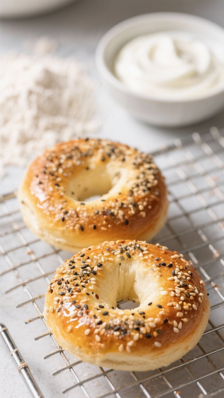 A straight-on close-up of two-ingredient bagels: plump, golden mini bagels with glossy egg-wash sheen, generously coated in everything bagel seasoning, resting on a wire rack from the air fryer; a small mound of self-rising flour and a bowl of thick Greek yogurt visible blurred behind; sesame and poppy seeds crisp and detailed, bright, inviting light.