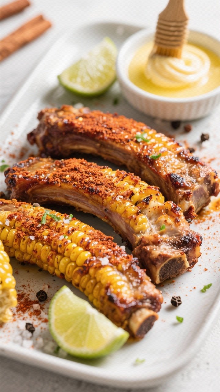 A straight-on, dynamic shot of cinnamon-chili sweet corn ribs fresh from the air fryer, corn arcs curled and caramelized at the edges, dusted with chili powder, ground cinnamon, smoked paprika, kosher salt, and black pepper; a small dish of melted lime butter being brushed on the ribs, lime wedges and a light zest sprinkle in the scene for brightness.