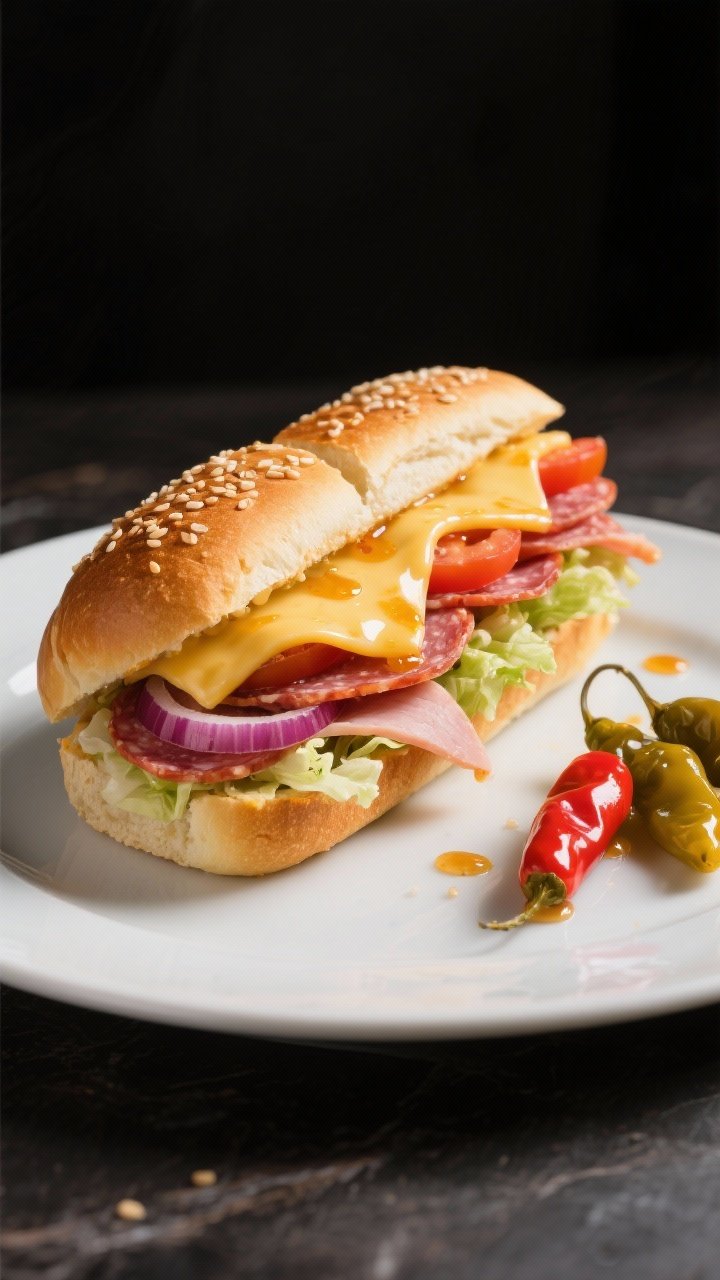 A straight-on hero shot of an Italian grinder melt: a small sub roll split and toasted open-face with layers—provolone melted and bubbling, neat stacks of Genoa salami and hot capicola (plus turkey/mortadella optional), shredded iceberg lettuce, thinly sliced red onion and tomato, a drizzle of hot honey catching the light; sesame seeds on the roll, a few pepperoncini on the side; vibrant colors, glossy highlights, modern deli styling.