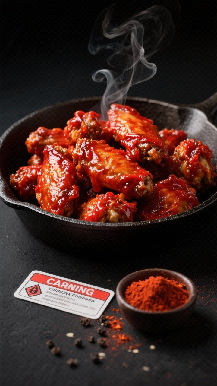A straight-on hero shot of Carolina Reaper lava wings, intensely red with a fiery glaze made from Carolina Reaper powder, paprika, black pepper, and salt; the wings piled in a cast-iron skillet with a small warning label card near a pinch bowl of Reaper powder; thin wisp of steam and glossy sheen emphasizing heat; minimalist dark backdrop to convey danger and intensity.