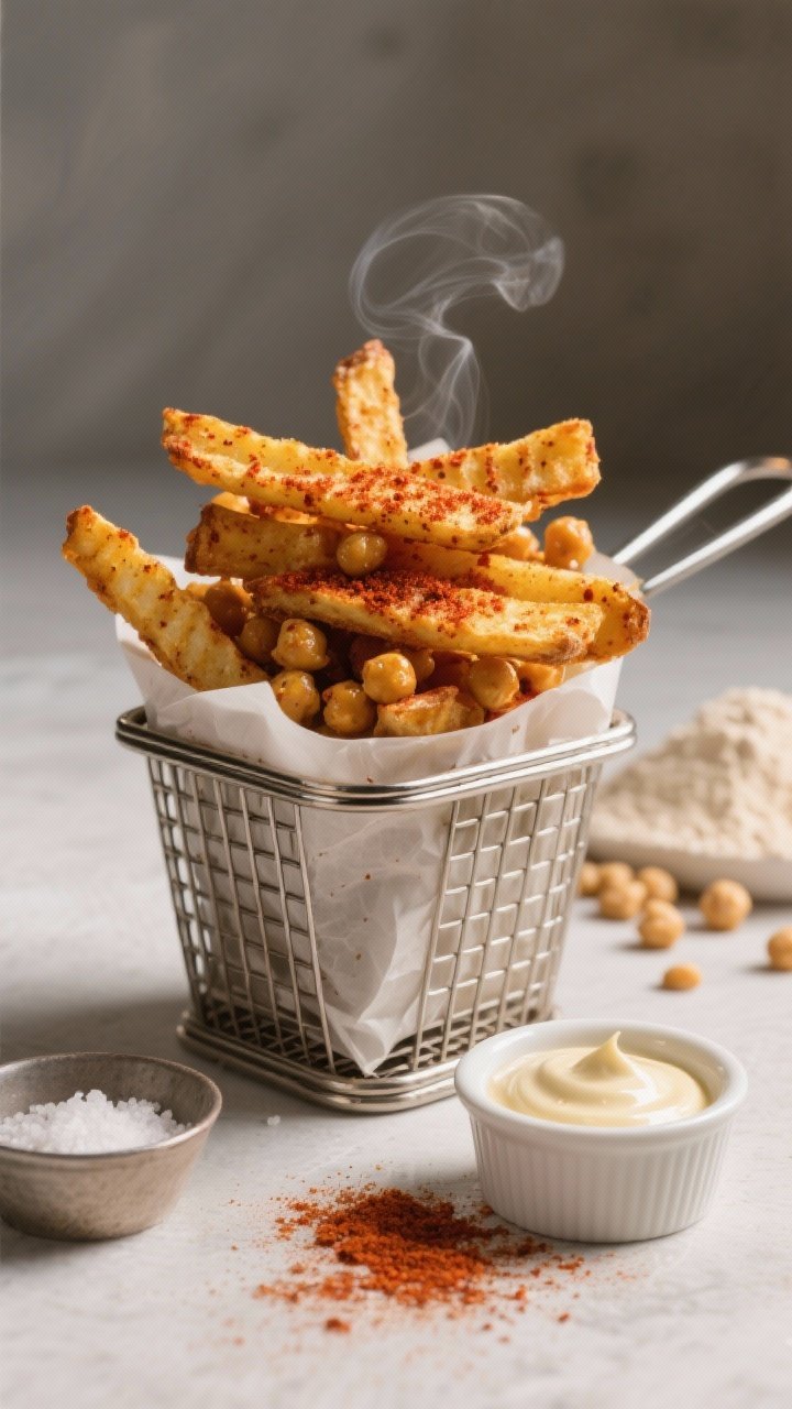A straight-on hero shot of smoky paprika chickpea “fries” stacked in a parchment-lined metal basket, edges crisp and golden with paprika-speckled surfaces brushed in olive oil. A small ramekin of garlicky aioli sits beside, with a dusting of smoked paprika on top. Include a pinch bowl of kosher salt and a glimpse of chickpea flour in the background to hint at the base. Neutral background, directional side light to emphasize crisp ridges and steam subtly rising.